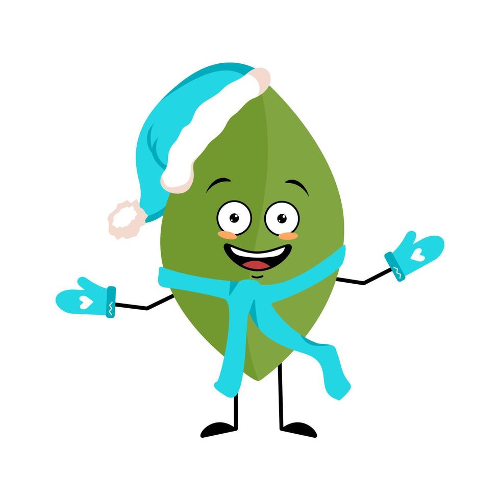 Leaf character in Santa hat with happy emotion, joyful face, smile eyes, arms and legs. Person with funny expression and pose, green plant emoticon. Vector flat illustration