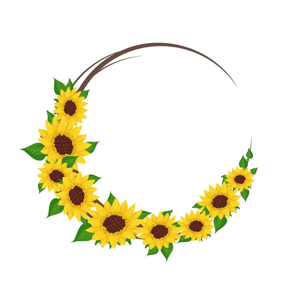 Yellow sunflower wreath with green leaves. Round frame, cute bright flowers with dark hearts. Festive decorations for wedding, holiday, postcard, poster and design. Vector flat illustration