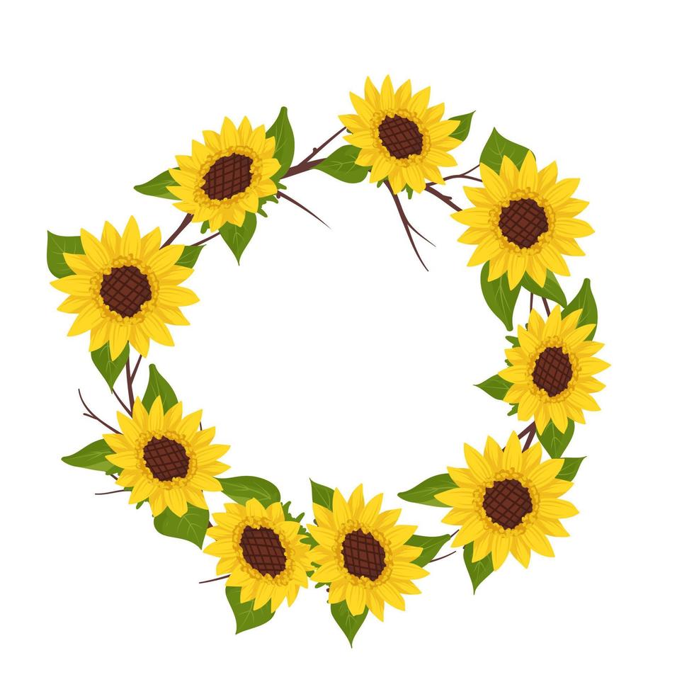 Yellow sunflower wreath with green leaves. Round frame, cute bright flowers with dark hearts. Festive decorations for wedding, holiday, postcard, poster and design. Vector flat illustration