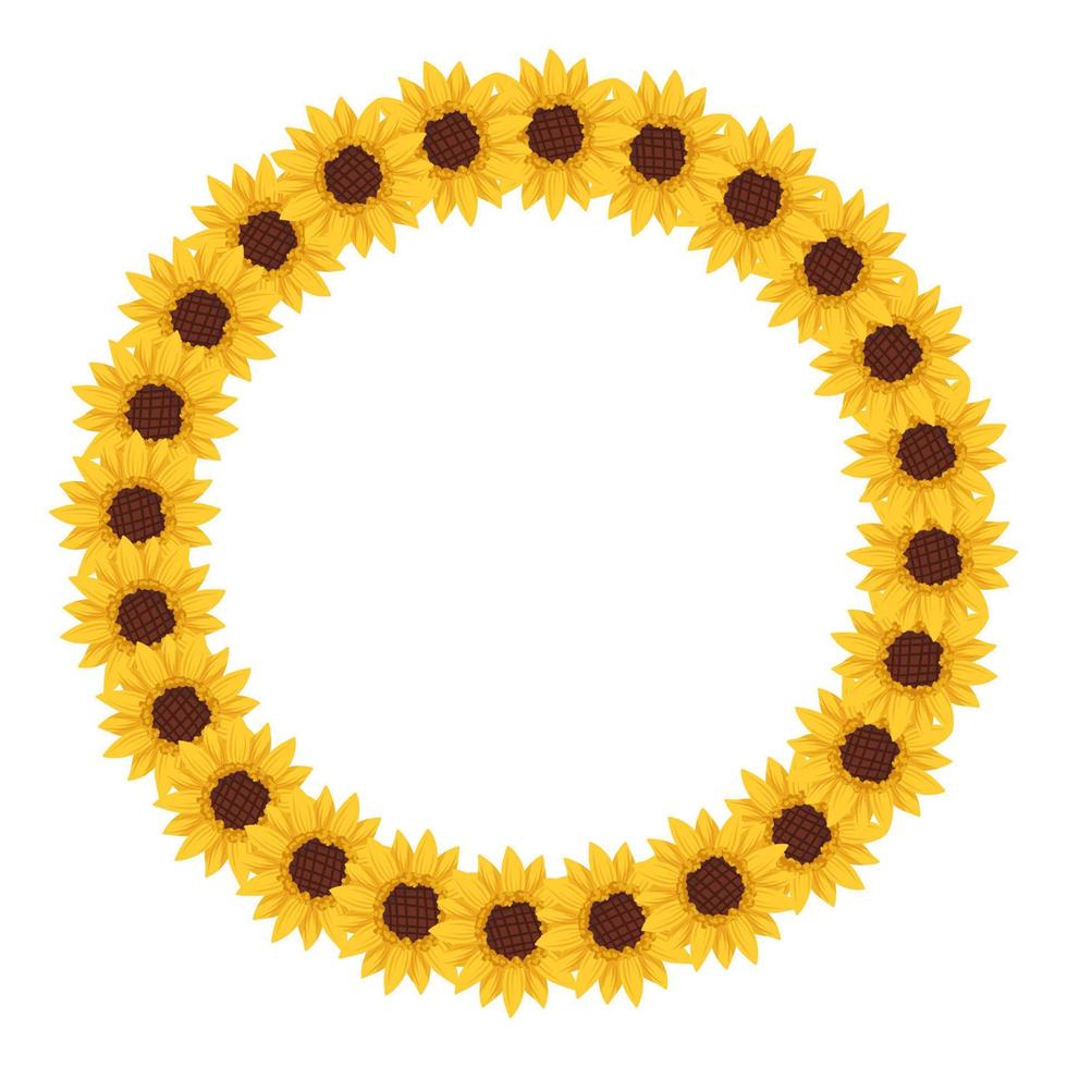 Yellow sunflower wreath. Round frame, cute bright flowers with dark hearts and leaves. Festive decorations for wedding, holiday, postcard, poster and design. Vector flat illustration