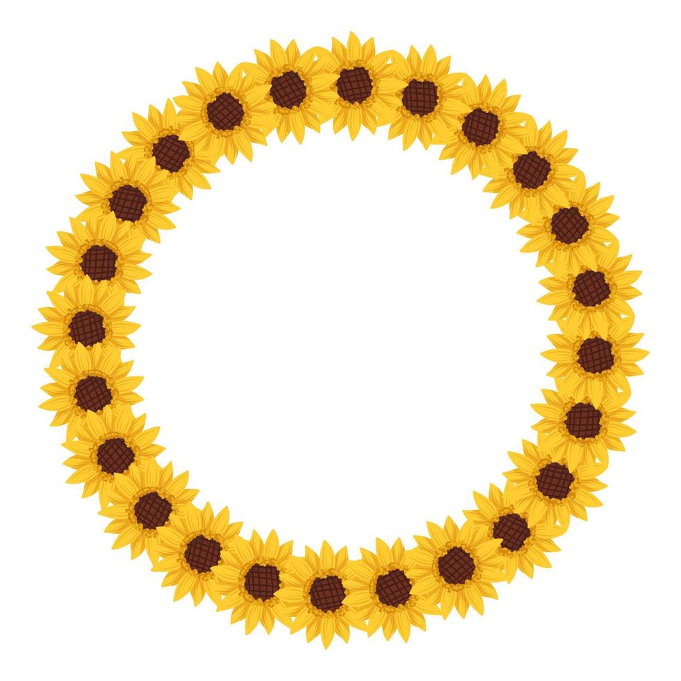 Yellow sunflower wreath. Round frame, cute bright flowers with dark hearts and leaves. Festive decorations for wedding, holiday, postcard, poster and design. Vector flat illustration