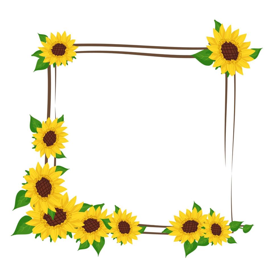 Yellow sunflower wreath with green leaves. Square frame, cute bright flowers with dark hearts. Festive decorations for wedding, holiday, postcard, poster and design. Vector flat illustration