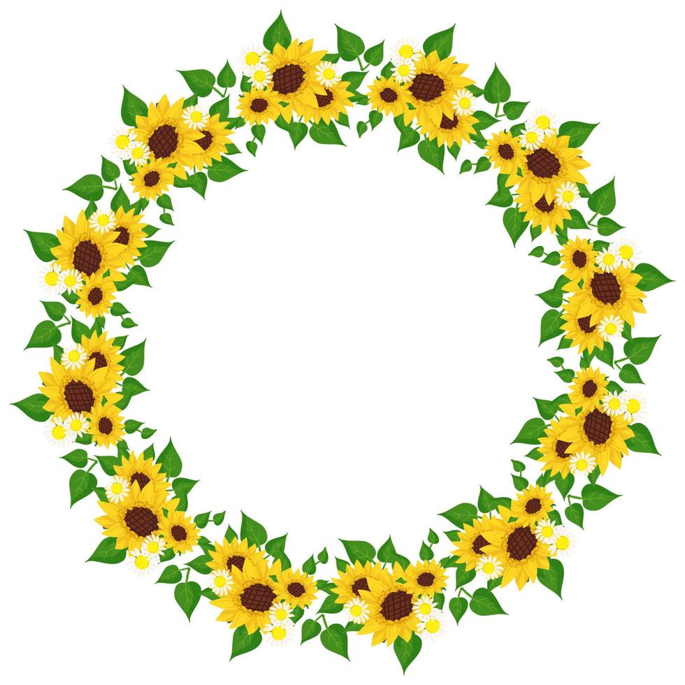 Sunflower and chamomile wreath with green leaves. Round frame, cute bright sun and daisy flowers. Festive decorations for wedding, holiday, postcard, poster and design. Vector flat illustration