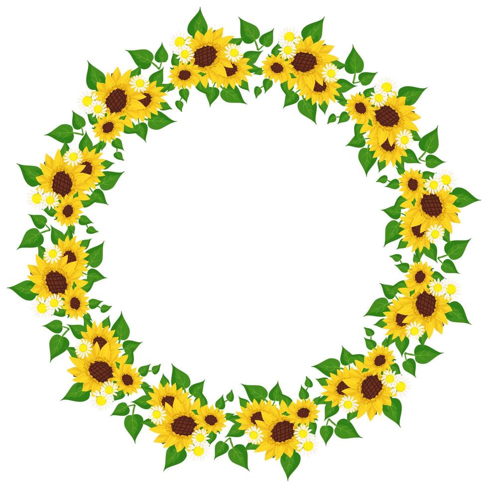 Sunflower and chamomile wreath with green leaves. Round frame, cute bright sun and daisy flowers. Festive decorations for wedding, holiday, postcard, poster and design. Vector flat illustration