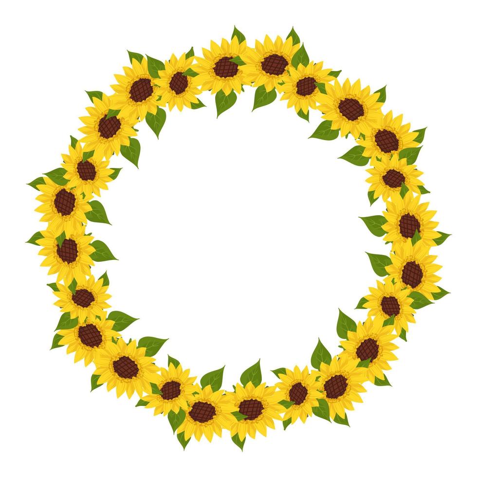 Yellow sunflower wreath with green leaves. Round frame, cute bright flowers with dark hearts. Festive decorations for wedding, holiday, postcard, poster and design. Vector flat illustration