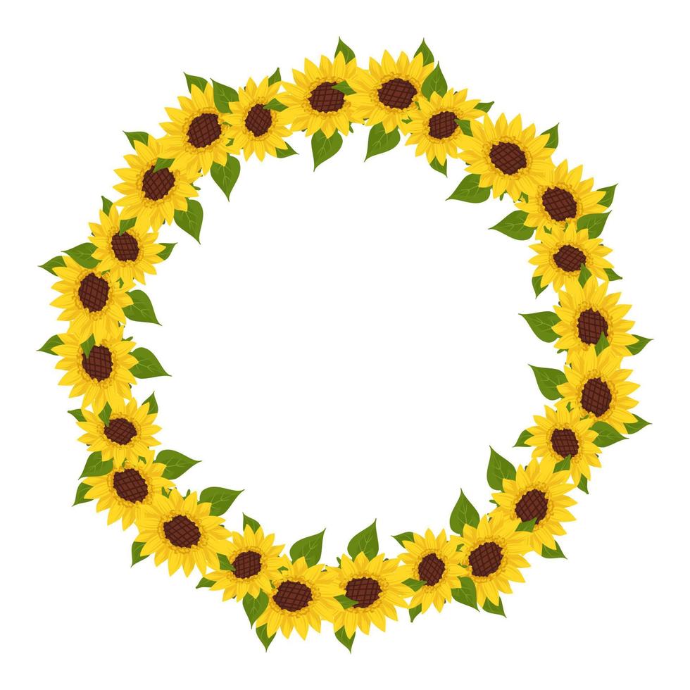 Yellow sunflower wreath with green leaves. Round frame, cute bright flowers with dark hearts. Festive decorations for wedding, holiday, postcard, poster and design. Vector flat illustration