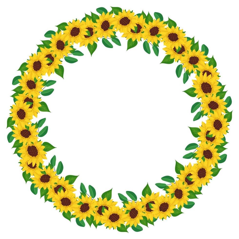 Yellow sunflower wreath with green leaves. Round frame, cute bright flowers with dark hearts. Festive decorations for wedding, holiday, postcard, poster and design. Vector flat illustration