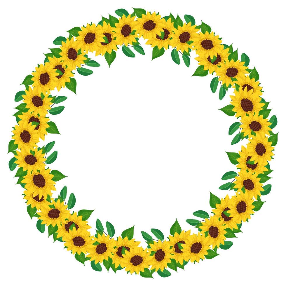 Yellow sunflower wreath with green leaves. Round frame, cute bright flowers with dark hearts. Festive decorations for wedding, holiday, postcard, poster and design. Vector flat illustration