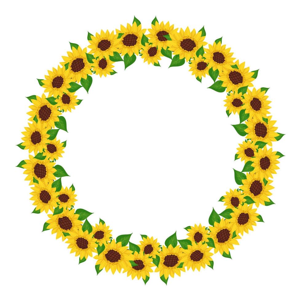 Yellow sunflower wreath with green leaves. Round frame, cute bright flowers with dark hearts. Festive decorations for wedding, holiday, postcard, poster and design. Vector flat illustration
