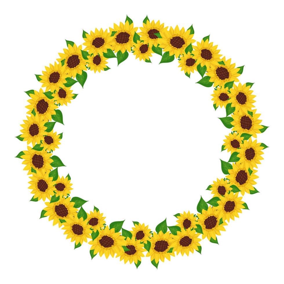 Yellow sunflower wreath with green leaves. Round frame, cute bright flowers with dark hearts. Festive decorations for wedding, holiday, postcard, poster and design. Vector flat illustration