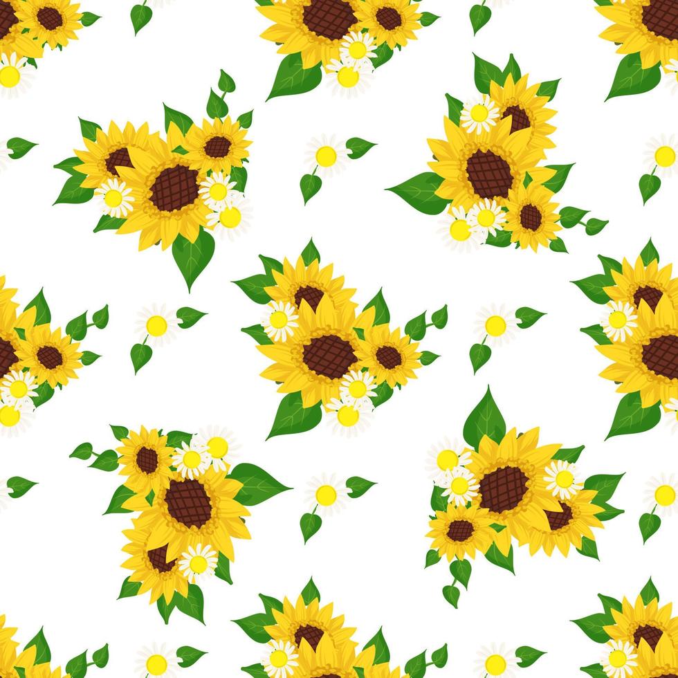 Seamless pattern with yellow sunflowers, white daisy and green leaves on background. Print with element of nature, chamomile, plant for decoration and design. Vector flat illustration