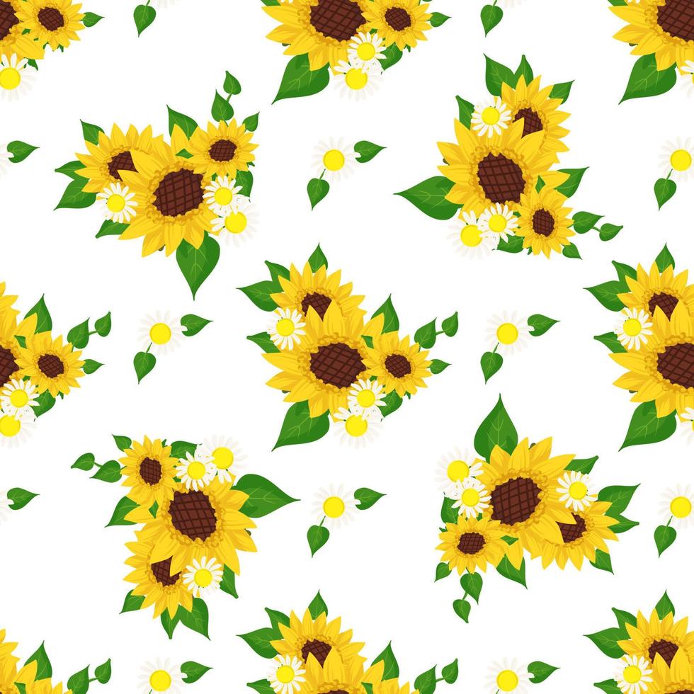 Seamless pattern with yellow sunflowers, white daisy and green leaves on background. Print with element of nature, chamomile, plant for decoration and design. Vector flat illustration