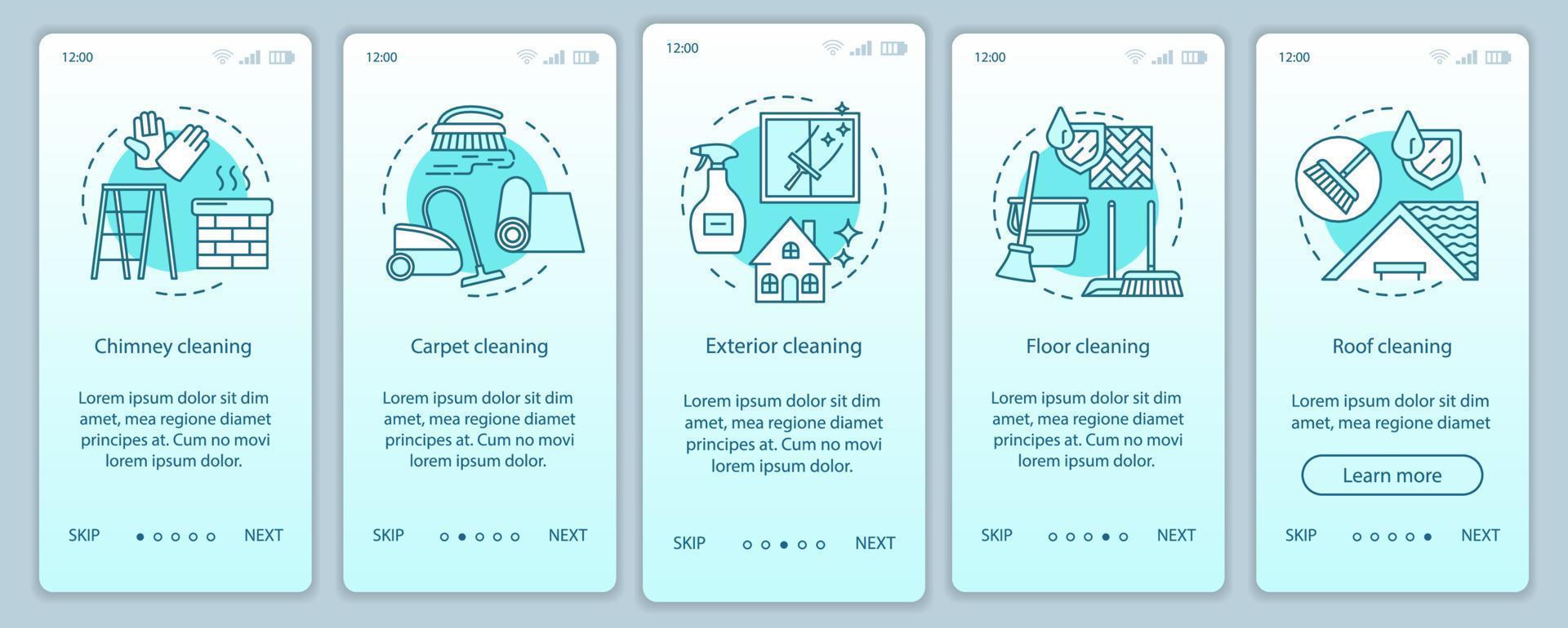 Additional cleaning services onboarding mobile app page screen, linear concepts. Five walkthrough steps graphic instructions. Roof, carpet, exterior cleanup. UX, UI, GUI vector template, illustrations