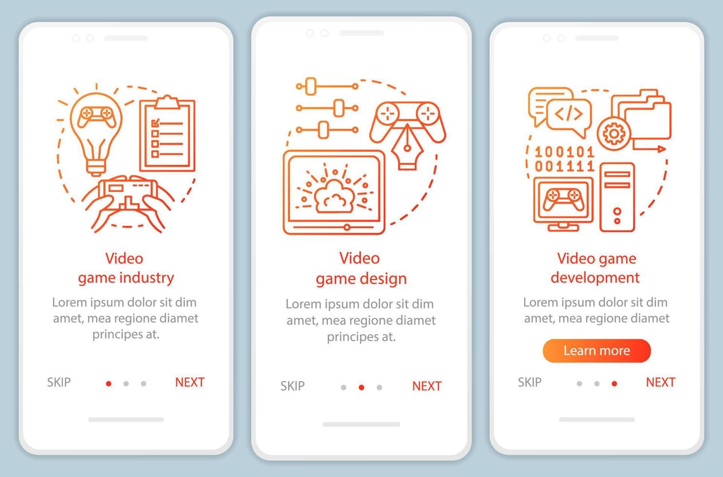 plantilla de vector de pantalla de página de aplicación móvil de incorporación de industria de videojuegos. diseño, desarrollo de juegos de computadora. paso a paso del sitio web con ilustraciones lineales. ux, ui, concepto de interfaz de teléfono inteligente gui