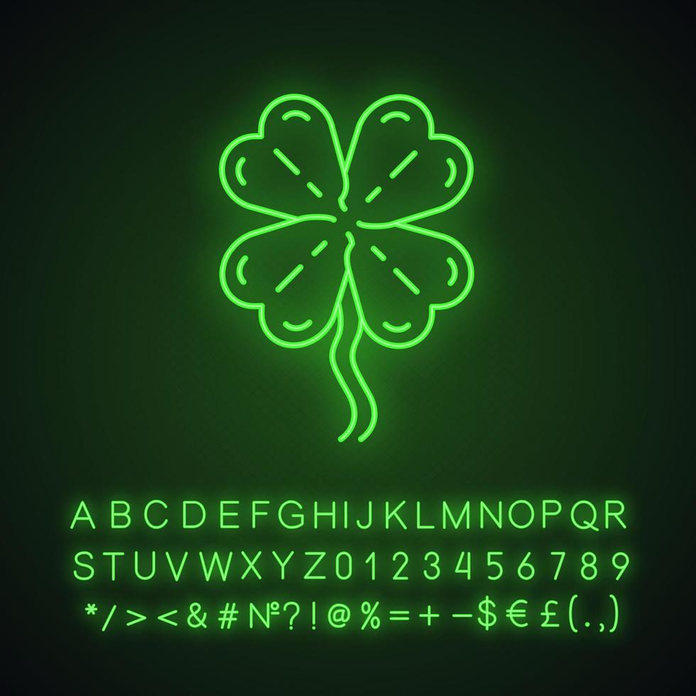 Four-leaf clover neon light icon. Shamrock. Good luck mascot. Saint Patrick Day. Glowing sign with alphabet, numbers and symbols. Vector isolated illustration