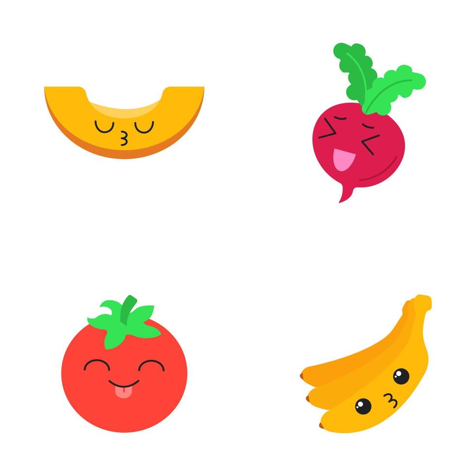 Vegetables and fruits cute kawaii flat design long shadow characters set. Tomato, kissing banana and melon, laughing beetroot with smiling faces. Funny emoji. Vector isolated silhouette illustration