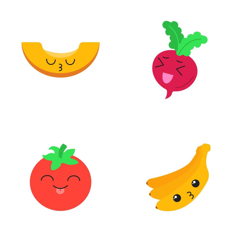 conjunto de caracteres de sombra larga de diseño plano kawaii lindo de frutas y verduras. tomate, besando plátano y melón, riendo remolacha con caras sonrientes. emoticonos divertidos ilustración de silueta aislada vectorial vector