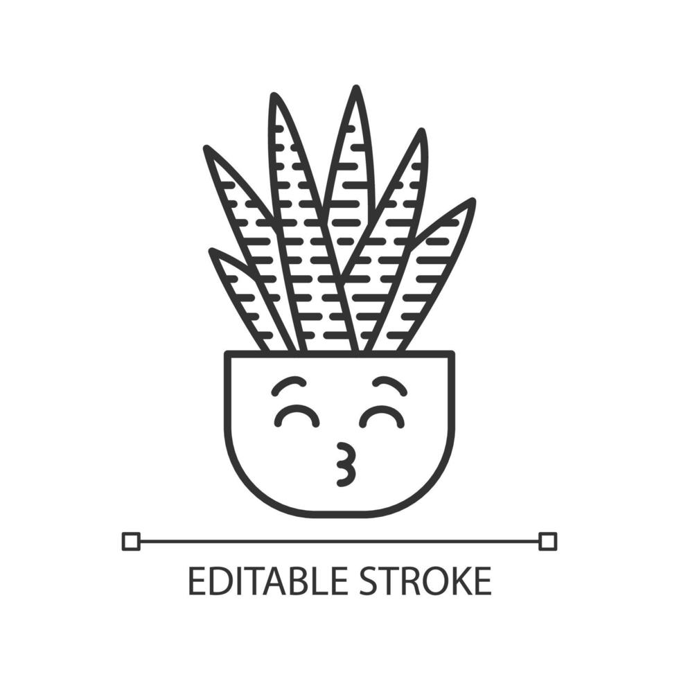 Zebra cactus cute kawaii linear character. Cactus with kissing face. Happy Haworthia. Home cacti in pot. Plant with smiling eyes. Thin line icon. Vector isolated outline illustration. Editable stroke