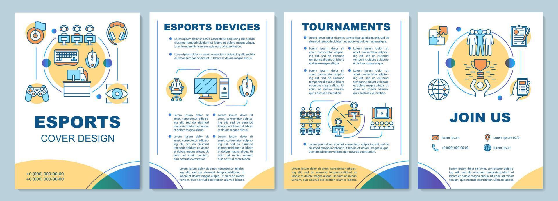 diseño de plantilla de folleto de esports. e dispositivos deportivos, torneos. folleto, folleto, diseño de impresión de folleto con ilustraciones lineales. diseños de páginas vectoriales para revistas, informes anuales, carteles publicitarios vector