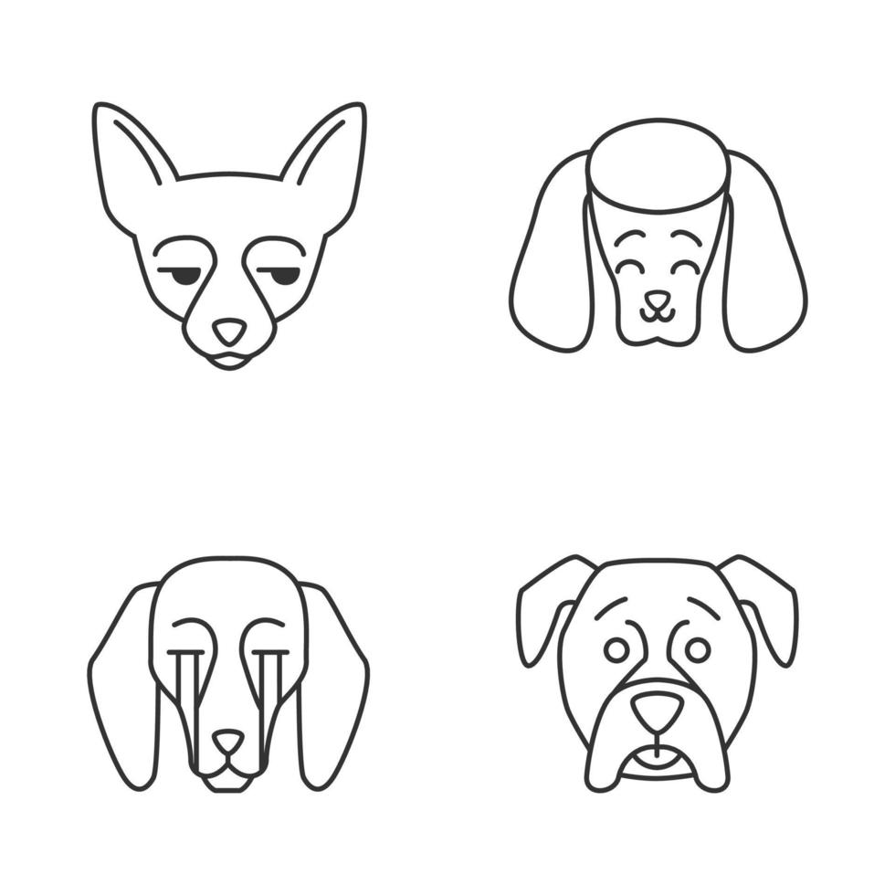 Dogs cute kawaii linear characters. Thin line icon set. Loudly crying beagle. Unamused Chihuahua. Smiling poodle. Animals with sad muzzles. Vector isolated outline illustration. Editable stroke