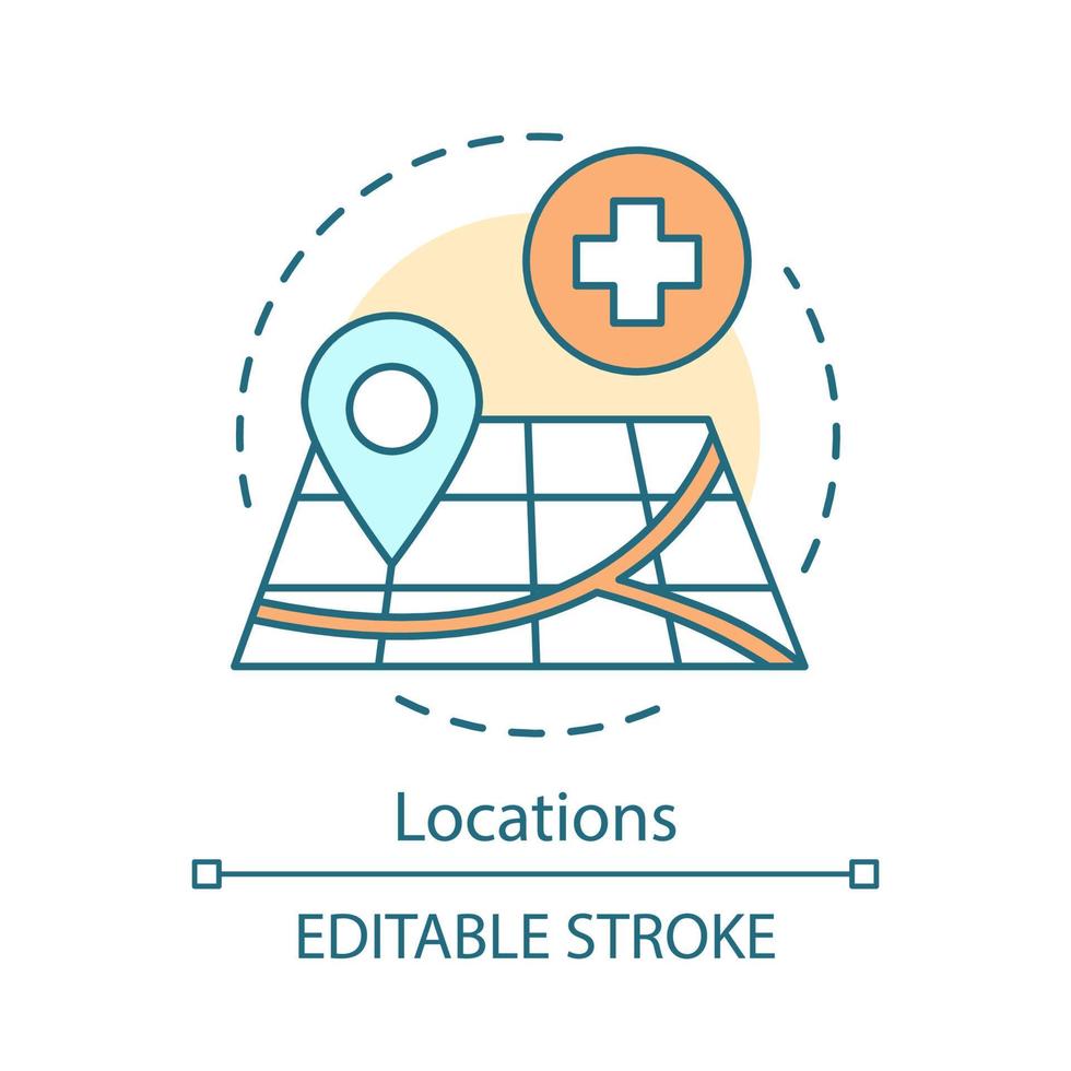 Locations concept icon. Pin point on map. First aid position. Affordable medical care. Health care service navigation idea thin line illustration. Vector isolated outline drawing. Editable stroke