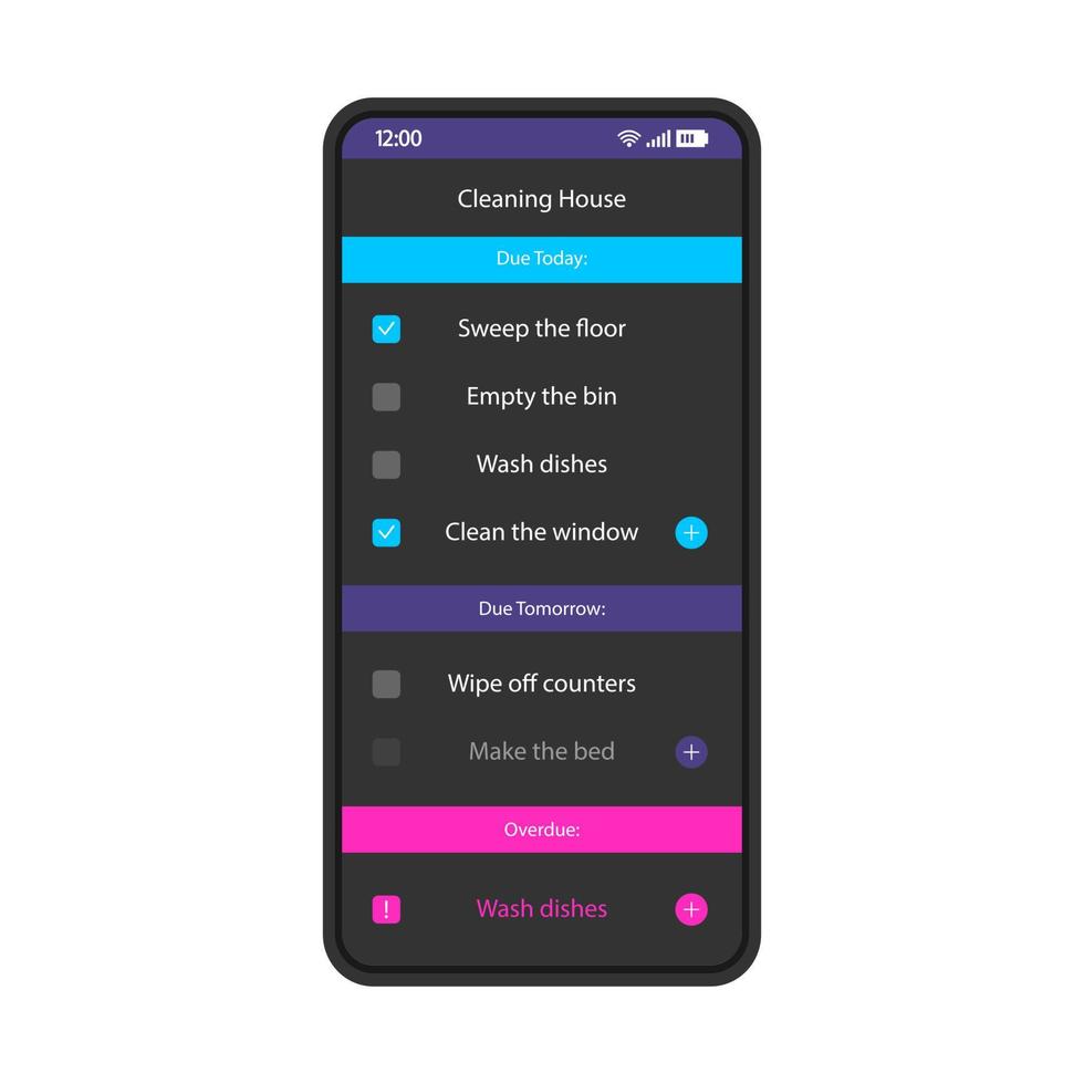 House cleaning schedule smartphone interface vector template. Mobile app page black design layout. Cleaning calendar, organizer screen. Flat UI for application. Weekly to do list. Phone display
