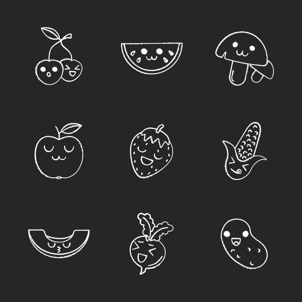 Vegetables and fruits cute kawaii chalk characters set. Mushroom, apple, strawberry, beetroot, potato, cherry with smiling faces. Funny emoji, emoticon, smile. Vector isolated chalkboard illustration