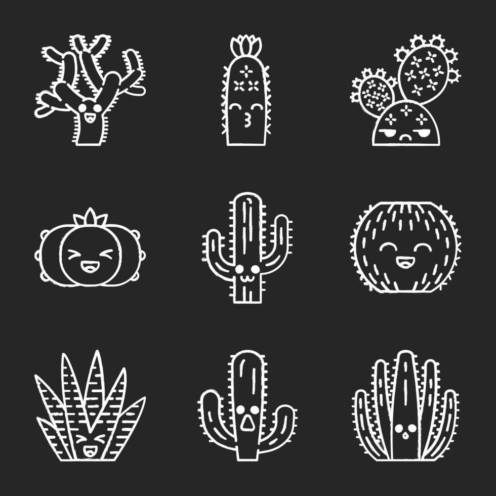 Cactuses chalk icons set. Plants with smiling faces. Laughing barrel, zebra and peyote cactuses. Succulent plants. Kissing hedgehog wild cacti. Isolated vector chalkboard illustrations