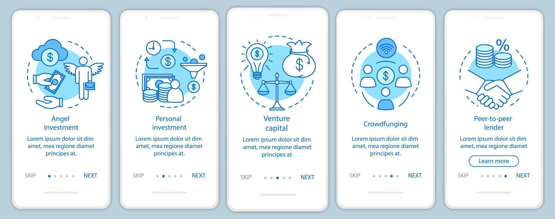 Startup investment onboarding mobile app page screen with linear concepts. Search investor for business walkthrough steps graphic instructions. UX, UI, GUI vector template with illustrations