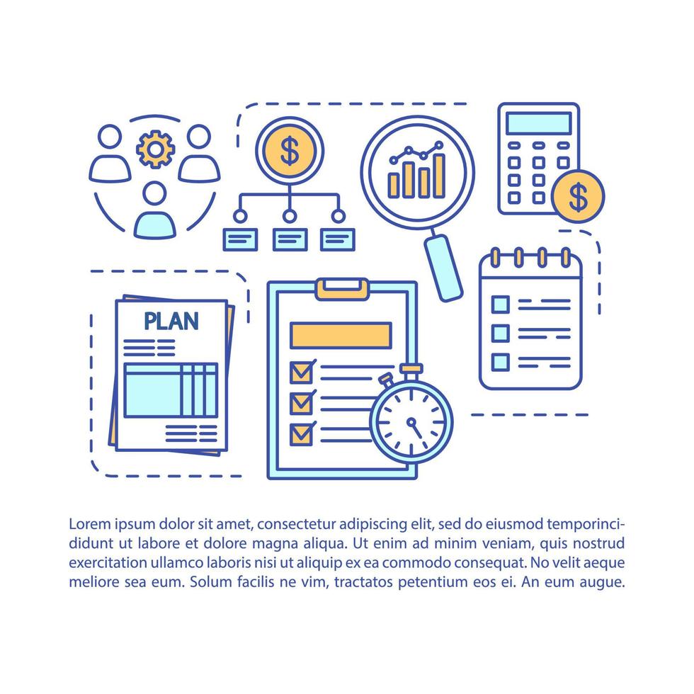 Business plan article page vector template. Development manager work. Brochure, magazine, booklet design element with linear icons and text boxes. Print design. Concept illustrations with text space