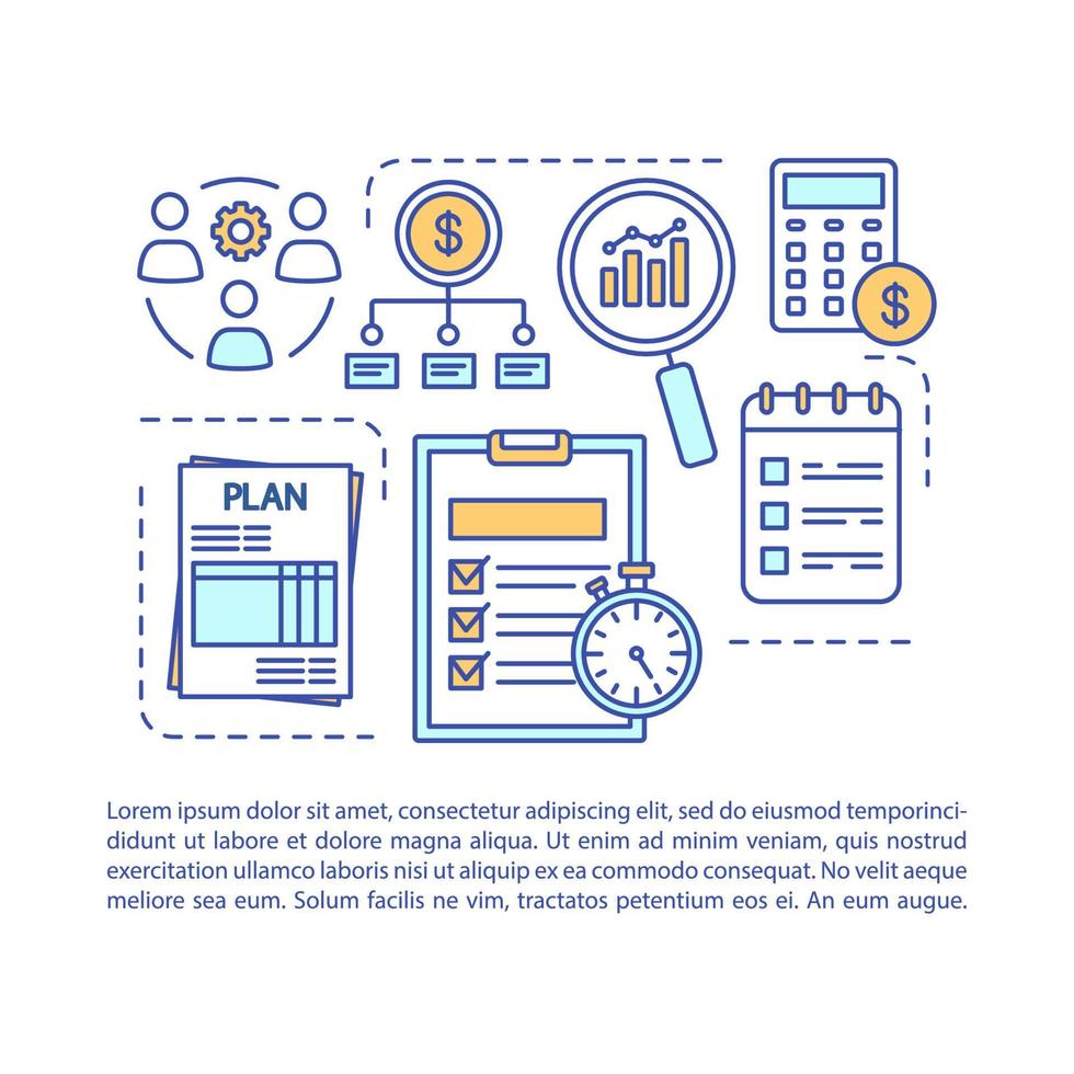 plantilla de vector de página de artículo de plan de negocios. trabajo de gerente de desarrollo. folleto, revista, elemento de diseño de folleto con iconos lineales y cuadros de texto. diseño de impresión. ilustraciones conceptuales con espacio de texto