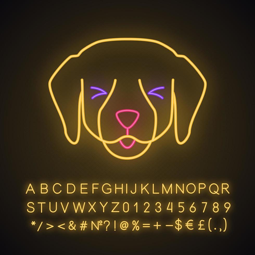 Labrador cute kawaii neon light character. Dog with smiling muzzle. Happy animal with squinting eyes. Funny emoji, emoticon. Glowing icon with alphabet, numbers, symbols. Vector isolated illustration