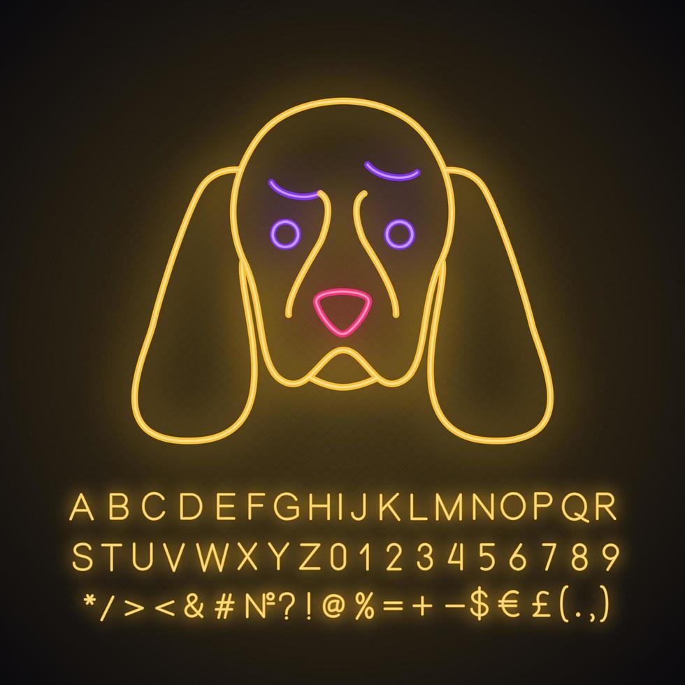 Cocker Spaniel cute kawaii neon light character. Dog with frowning muzzle. Astonished sad animal. Funny emoji, emoticon. Glowing icon with alphabet, numbers, symbols. Vector isolated illustration