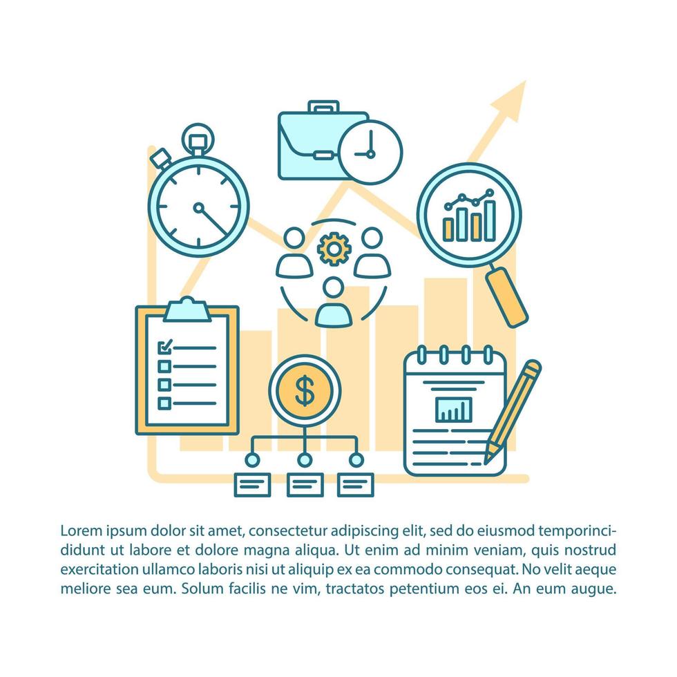 Business plan article page vector template. Development strategy. Brochure, magazine, booklet design element with linear icons and text boxes. Print design. Concept illustrations with text space