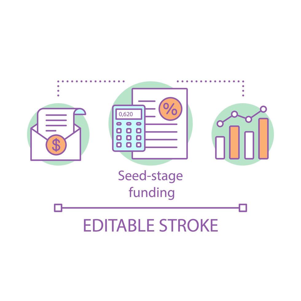 Seed-stage funding concept icon. Contract. Initial public offering. Business investing, budgeting. Project financing idea thin line illustration. Vector isolated outline drawing. Editable stroke