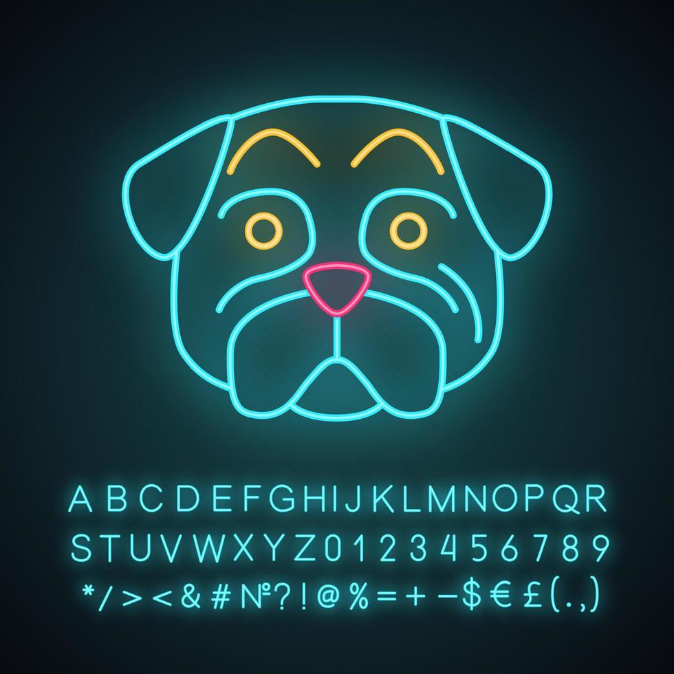 Pug cute kawaii neon light character. Dog with hushed muzzle. Domestic doggie with raised eyebrows. Funny emoji, emoticon. Glowing icon with alphabet, numbers, symbols. Vector isolated illustration