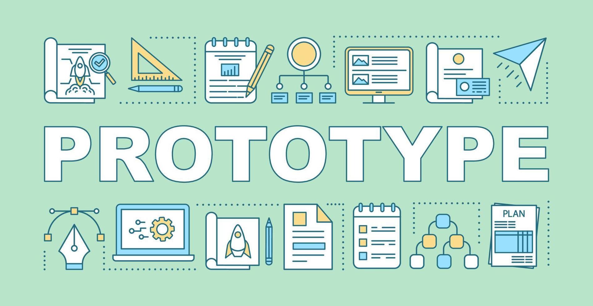 Prototype word concepts banner. Pilot project. Startup launch. Preliminary product. Presentation, website. Isolated lettering typography idea with linear icons. Vector outline illustration