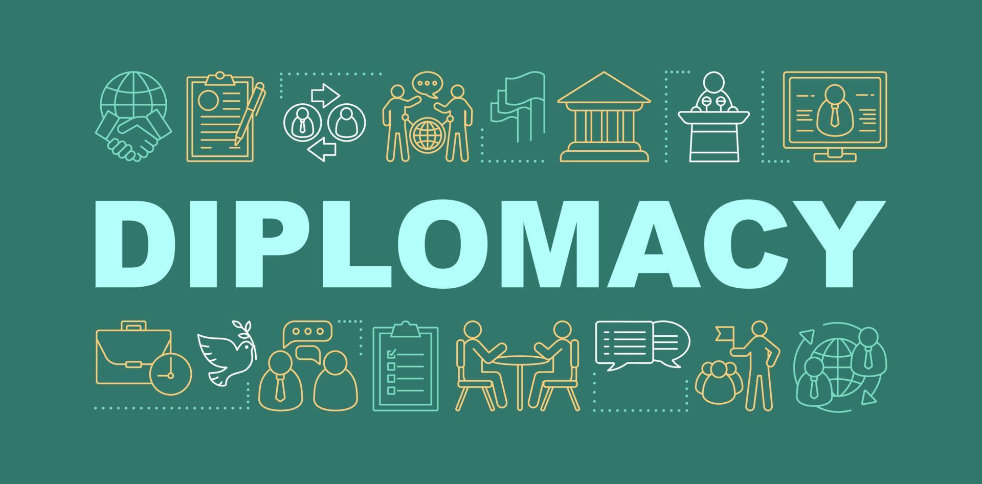 Diplomacy word concepts banner. Communication, public speaking skills. Corporate environment. Isolated lettering typography idea with linear icons. Negotiations. Vector outline illustration