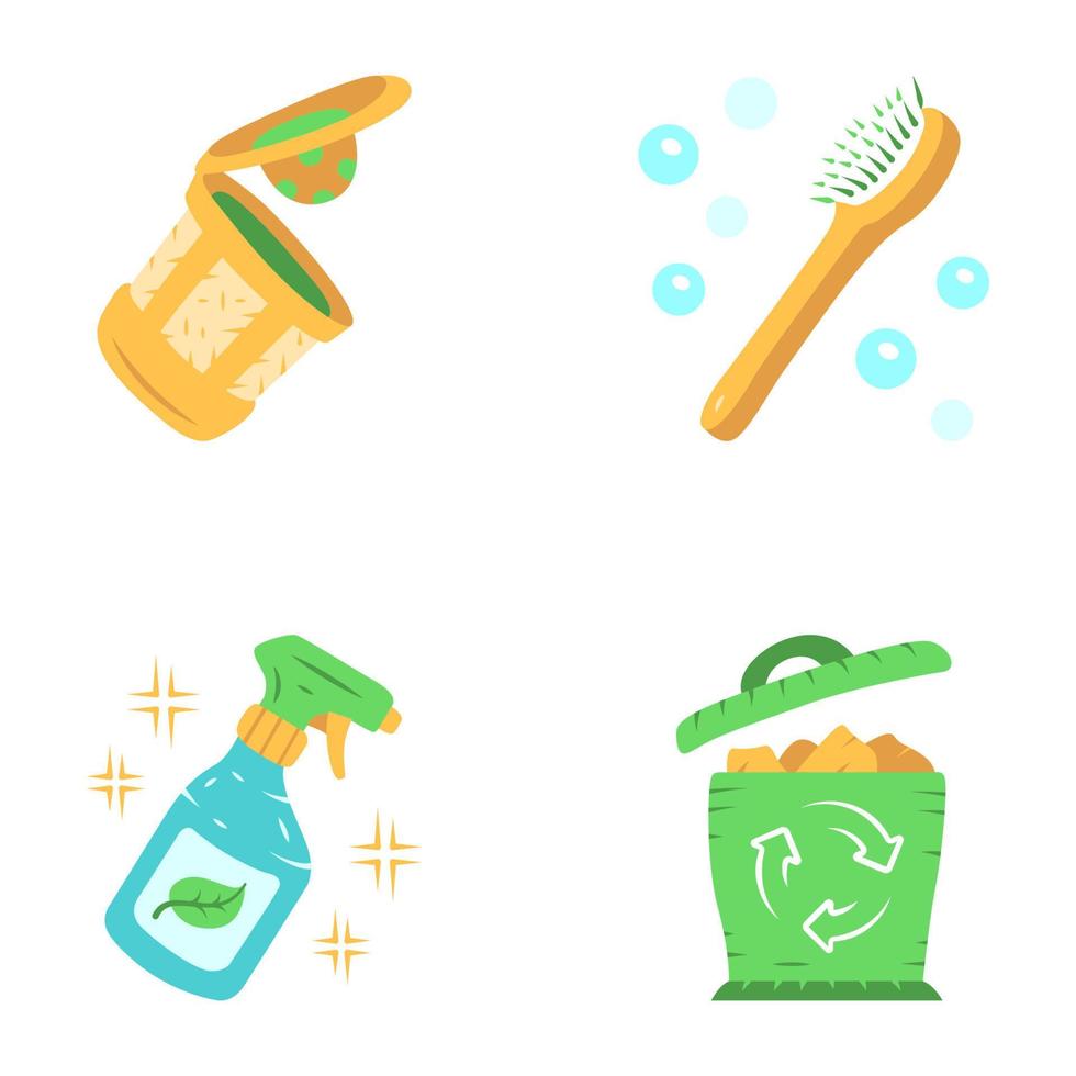 Juego de iconos de color de sombra larga de diseño plano hecho a mano con intercambios de residuos cero. Productos ecológicos, orgánicos y sostenibles. productos de limpieza ecológicos, k-cup reutilizable, cepillo de baño. Ilustraciones de silueta vector