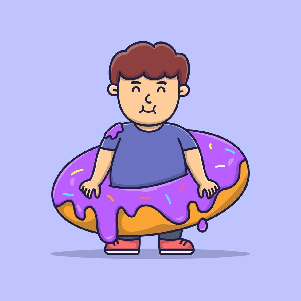 Happy Cute Boy in Big Doughnut, Boy eating junk food, flat cartoon style vector