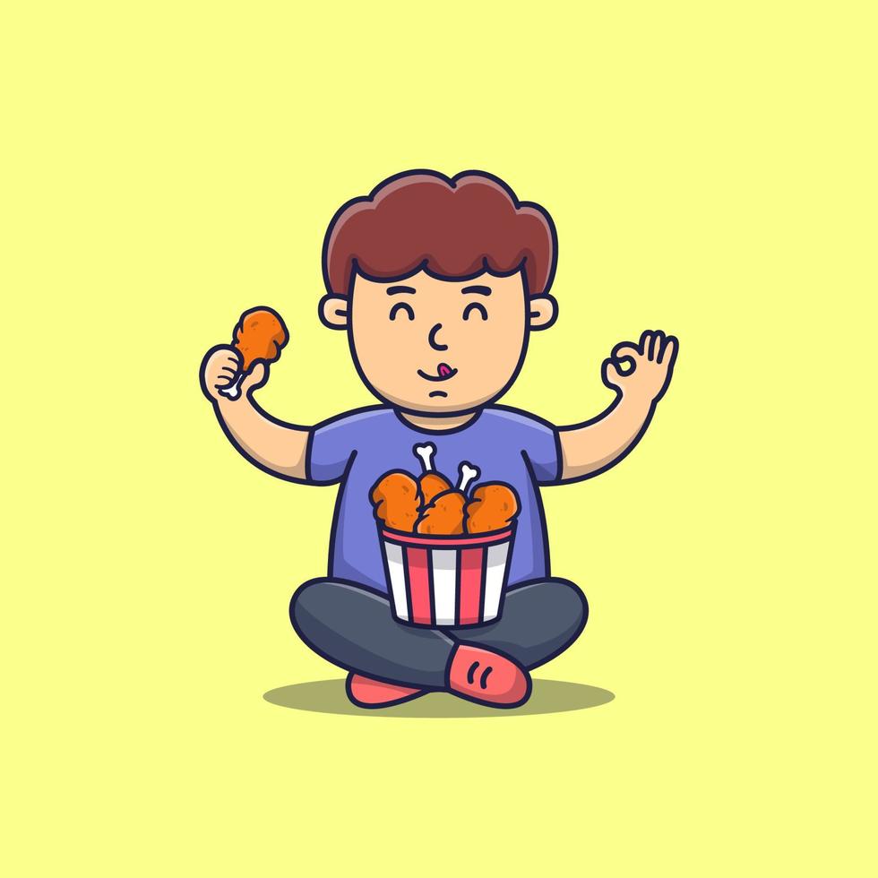 Happy Cute Boy Sit and eat Fried Chicken, Boy eating junk food, flat cartoon style vector