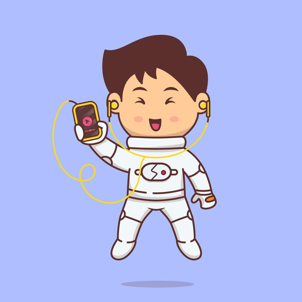 lindo pequeño astronauta tocando música con reproductor de música. ilustración de vector de tecnología espacial