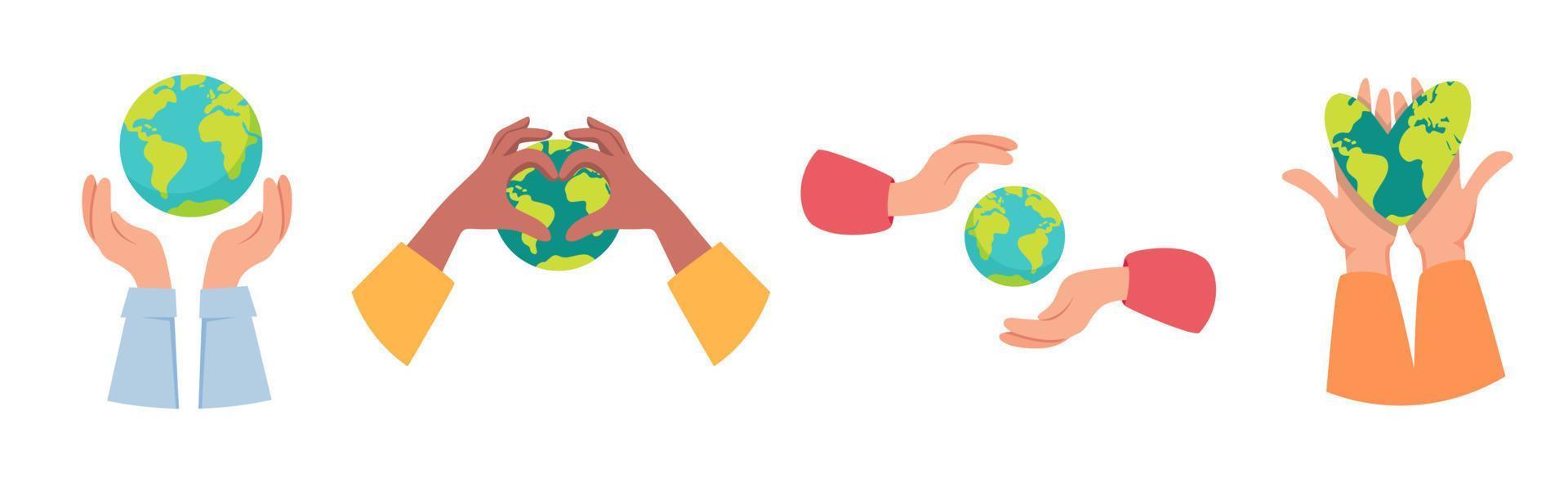 World earth day vector concept. Hands holding and protecting earth. Hands with love or heart gesture. Multi-ethnic hands. Caring for Nature.