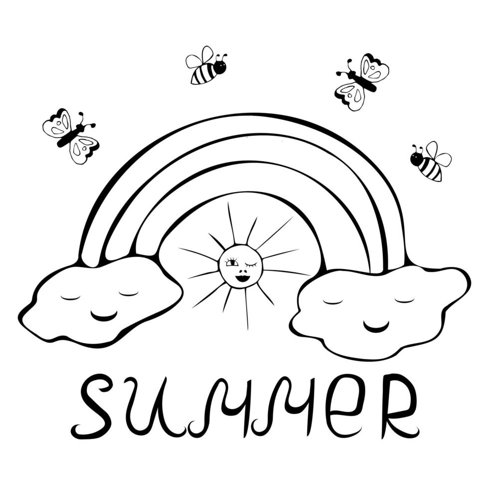 Hello summer. Cute handmade children's drawing in the style of doodle. Vector illustration.