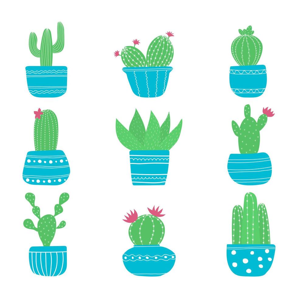 Hand drawn cacti  sketch set for stickers, prints, design and decor. Vector flat illustration