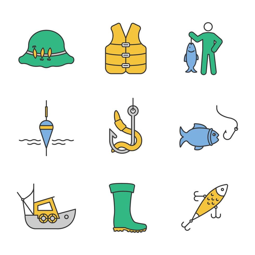 Fishing color icons set. Fisherman's hat, life jacket, catch, float, live bait, fishhook, boat, rubber boat, lure. Isolated vector illustrations