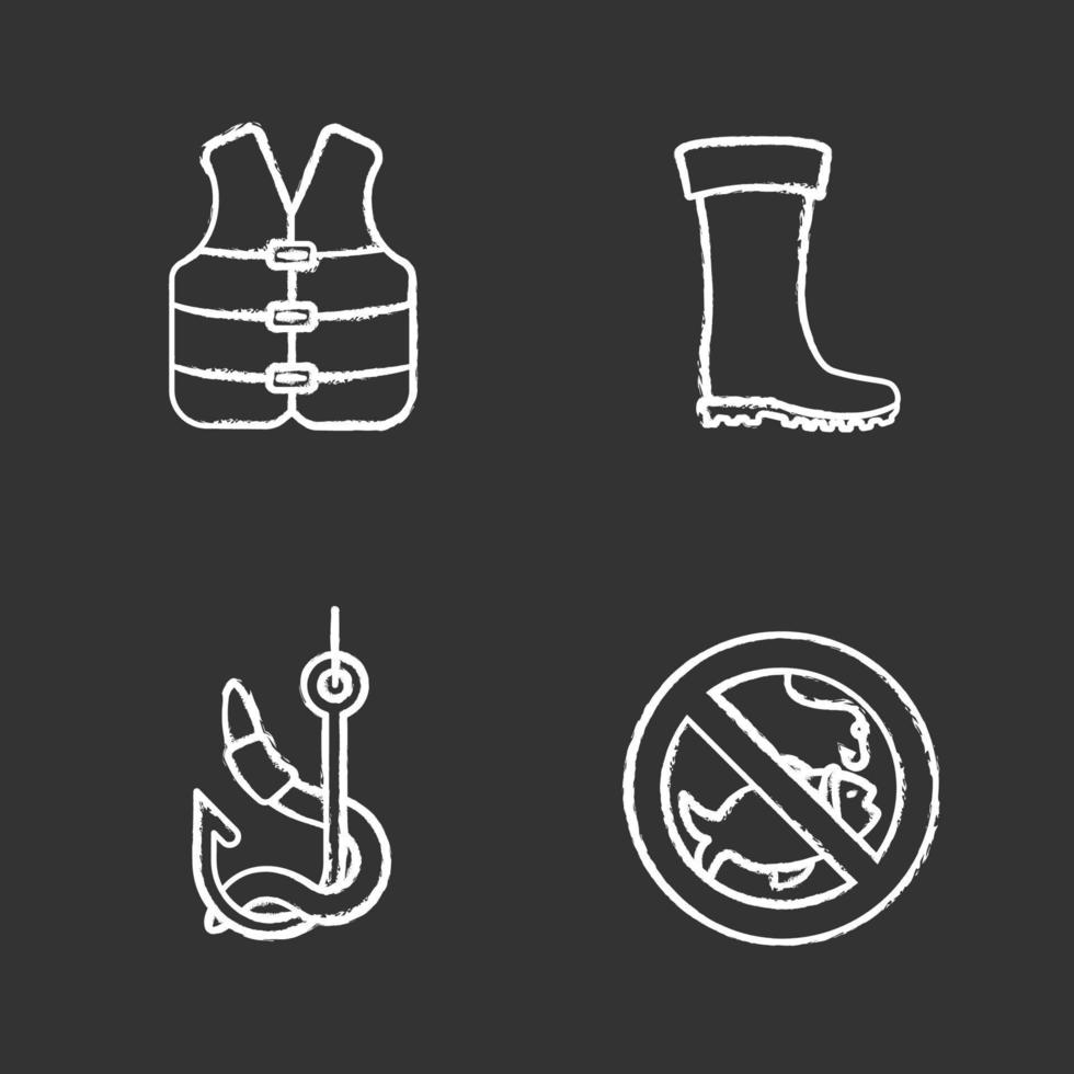 Fishing chalk icons set. Life jacket, bait, rubber boot, no fishing sign. Isolated vector chalkboard illustrations