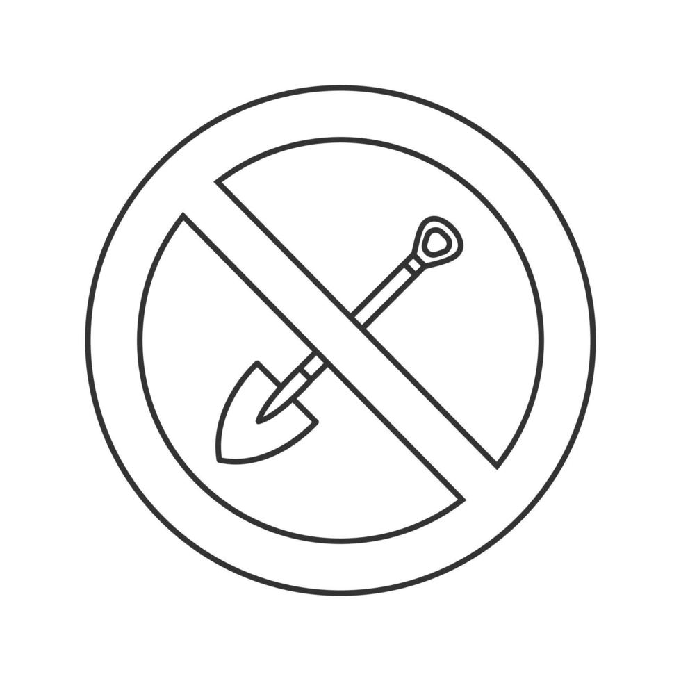 Forbidden sign with shovel linear icon. Thin line illustration. No digging prohibition. Stop contour symbol. Vector isolated outline drawing