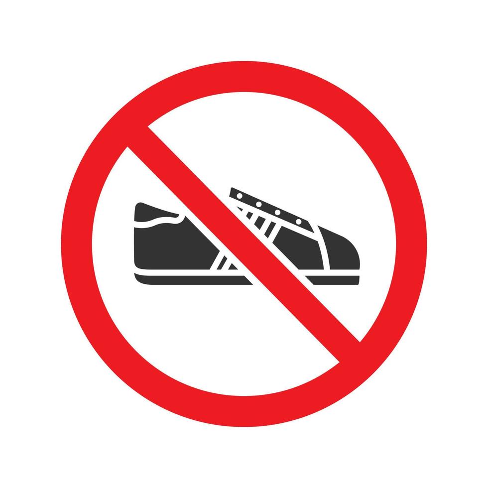 signo prohibido con icono de glifo de zapatillas. detener el símbolo de la silueta. no hay prohibición de zapatos. espacio negativo. ilustración vectorial aislada vector