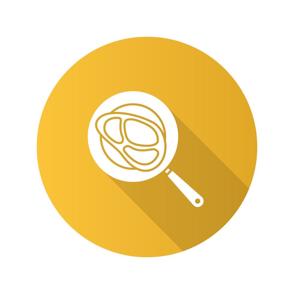 Steak on frying pan flat design long shadow glyph icon. Vector silhouette illustration